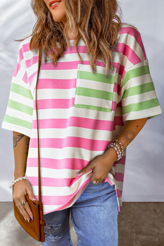 Pink Stripe Patch Pocket Drop Sleeve SlitsPink Stripe Patch Pocket Drop Sleeve Slits T Shirt

Material:95%Polyester+5%Elastane
• Embrace a relaxed yet stylish look with this t-shirt, perfect for casual outings or lounging at home.
• The drop sleeves add T ShirtsShewinLive Online MallPink Stripe Patch Pocket Drop Sleeve Slits