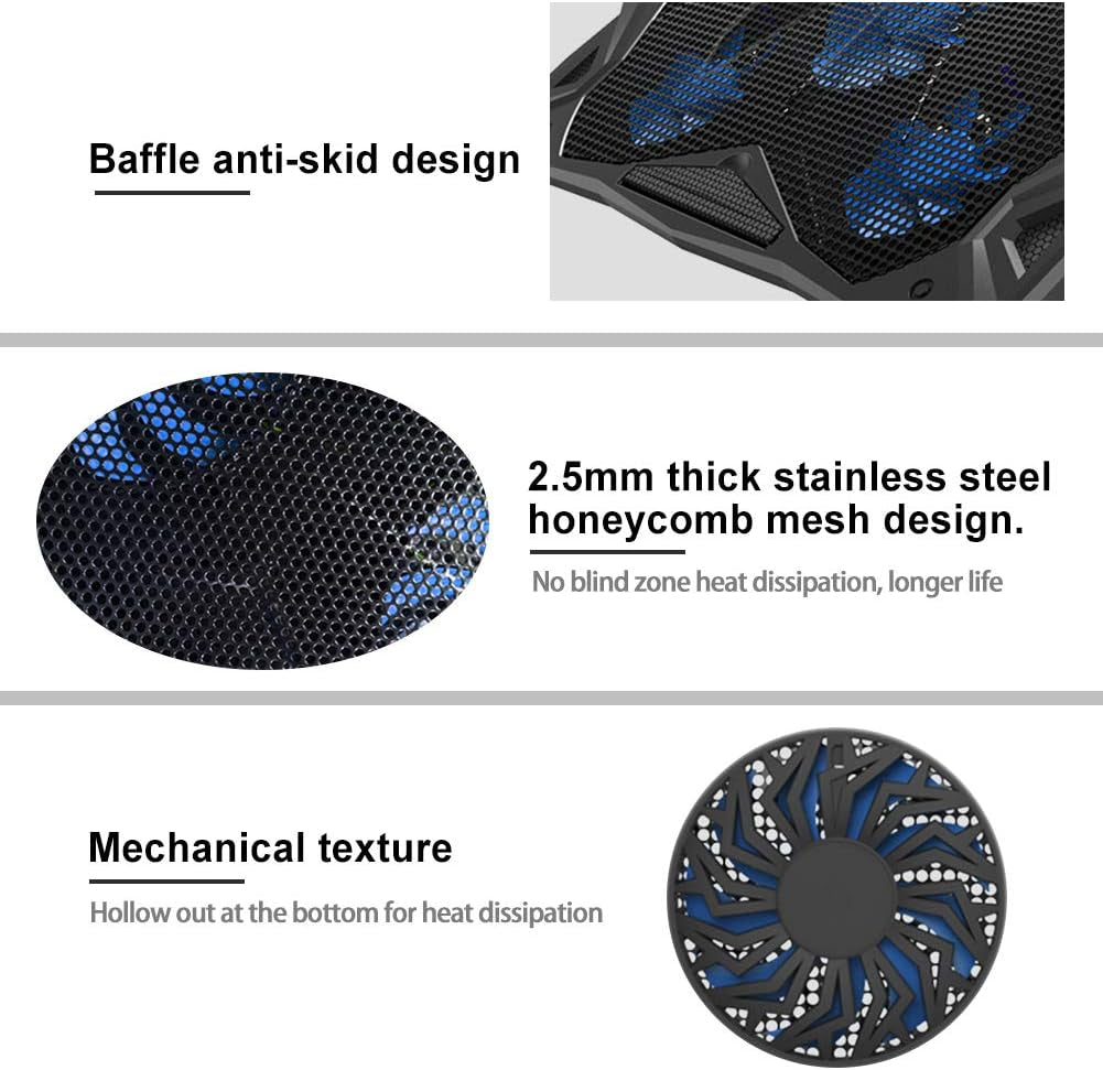 Laptop Cooling Pad, Portable Laptop Stand with 6 Angle Adjustable & 5 Quiet Blue LED Fans for 12-17.3 Inch Gaming Laptop, Laptop Cooler Built-In Dual USB Ports Support Mouse, Keyboard Device