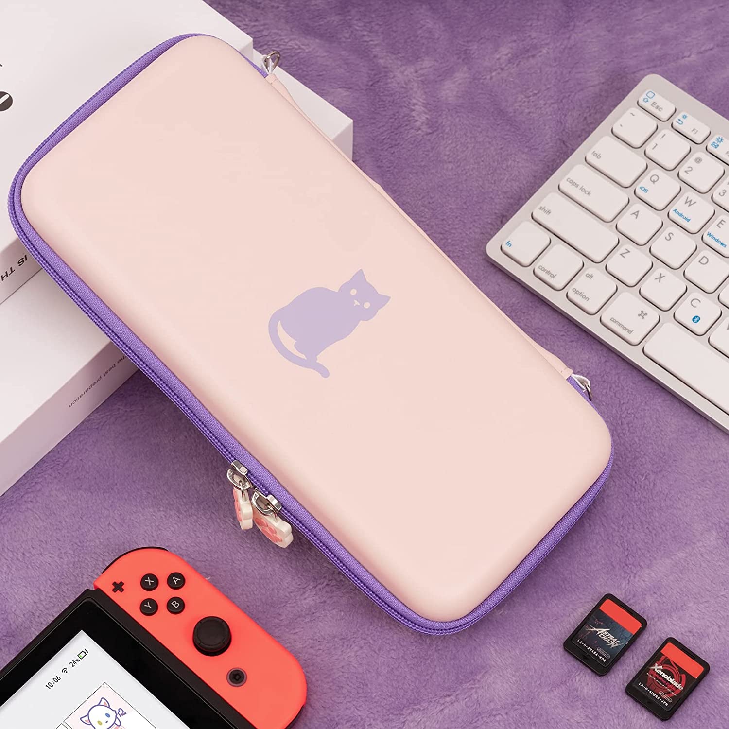 Cute Cat Paw Case Compatible with Nintendo Switch/Switch OLED - Portable Hardshell Slim Travel Carrying Case Fit Switch Console & Game Accessories - a Removable Wrist Strap (Pink Purple)