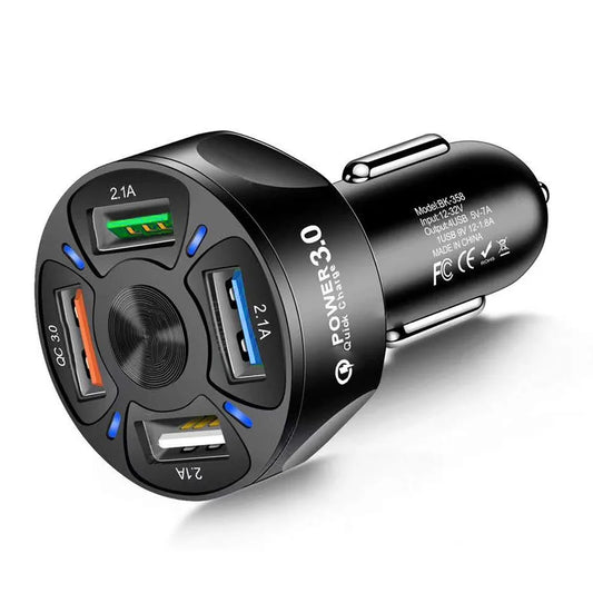 4-Port USB Car Charger, QC3.0 Fast Charging 4 USB Car Charger Adapter 7A Smart Shunt Car Phone Charger with Light, Suitable for Iphone & Android,Samsung Galaxy S10 S9 Plus