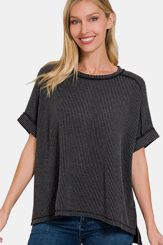 Zenana Ribbed Exposed Seam High-LowZenana Ribbed Exposed Seam High-Low T-ShirtThe Ribbed Exposed Seam High-Low T-Shirt is a trendy and edgy addition to your wardrobe. Featuring exposed seams and a high-low hem, this t-shirt offers a unique andClothingTrendsiLive Online MallZenana Ribbed Exposed Seam High-Low