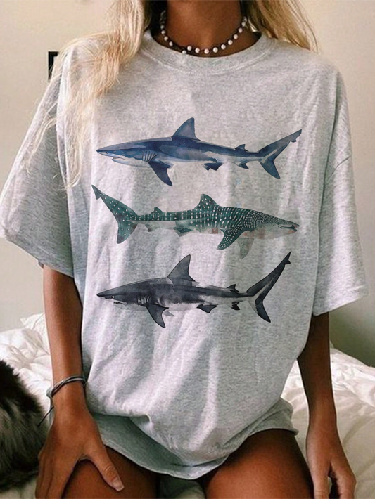 Ezwear Oversized T-Shirts Casual Simple Shark Print Light Floral Grey