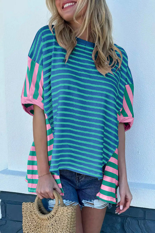Blue Stripe Patchwork Slits BaggyBlue Stripe Patchwork Slits Baggy T Shirt

Material:95%Cotton+5%Elastane
• Embrace a laid-back style with our T-Shirt, perfect for casual outings or lounging at home. The unique patchwork design adds a trOversized T ShirtShewinLive Online MallBlue Stripe Patchwork Slits Baggy
