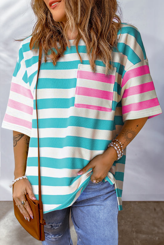 Pink Stripe Patch Pocket Drop Sleeve SlitsPink Stripe Patch Pocket Drop Sleeve Slits T Shirt

Material:95%Polyester+5%Elastane
• Embrace a relaxed yet stylish look with this t-shirt, perfect for casual outings or lounging at home.
• The drop sleeves add T ShirtsShewinLive Online MallPink Stripe Patch Pocket Drop Sleeve Slits